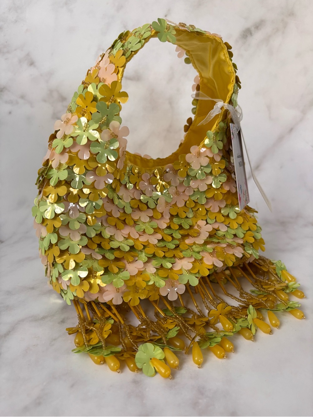 Viral Yellow & Green Floral Beaded Purse Handbag Hand Crafted in India NWT